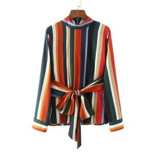 Colorful Striped Blouse with Bow Tie